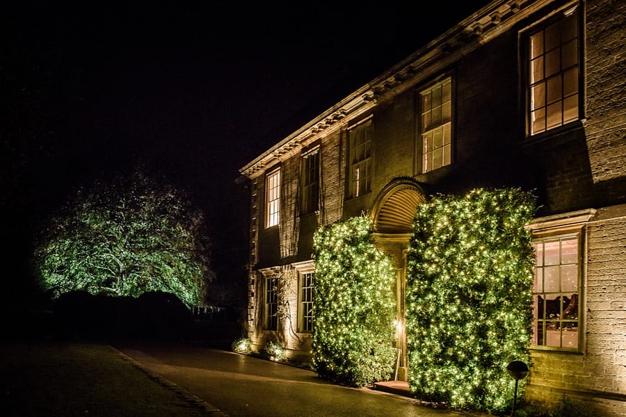 Hotel Entrance Lighting Front of Babington House with bush lighting.