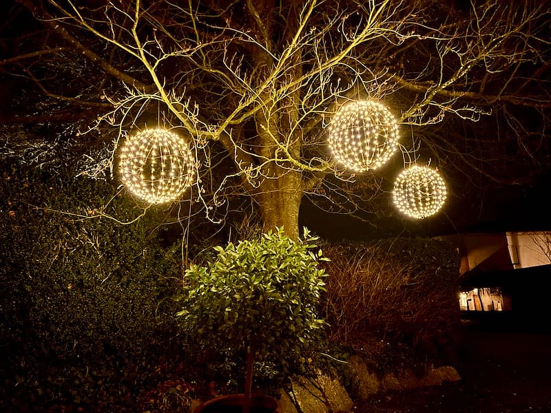 LED Spheres in the Pennard House Tree Pennard House Lighting. LED Spheres in a lovely tree.