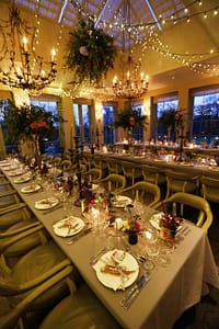 Image of a contemporary dining room with wedding lighting