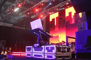 Image of Dj decks and staging at the Excel