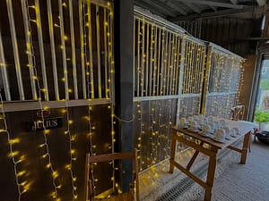 Image of light curtains running along a stable block. Lighting Hire and Design from Stylish Entertainment