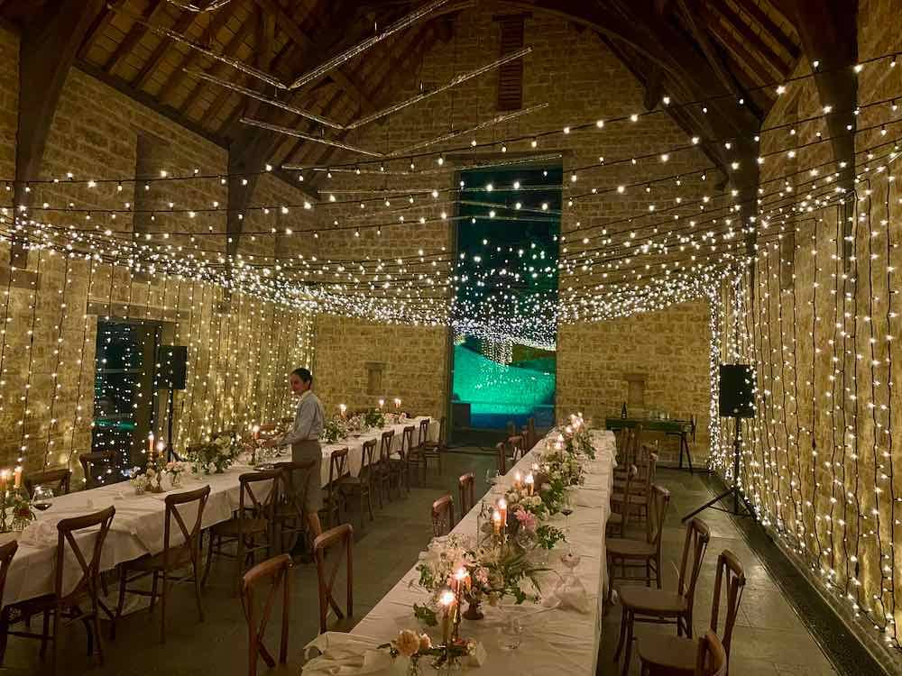The-Newt-Somerset-with-our-Fairy-Light-Tunnel-installed-for-their-first-wedding The Newt, Somerset with a Stylish Entertainment lighting canopy for a wedding.